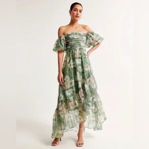 Floral Green Off the Shoulder Maxi Dress